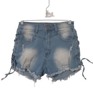 Women's Denim Shorts Size S Lace Up Distressed Frayed Hem